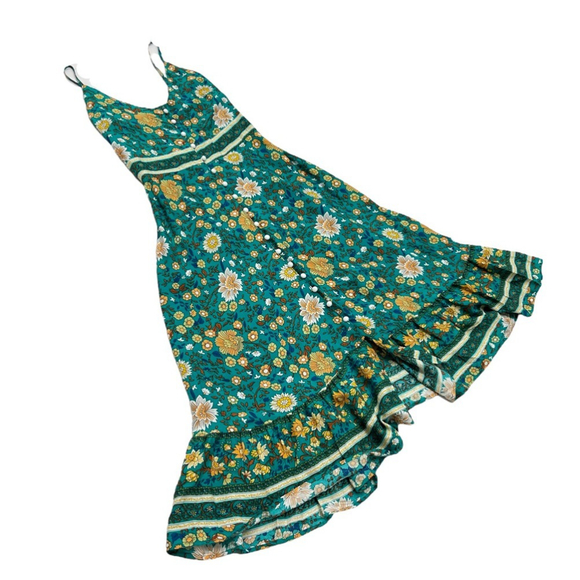 SOLD 🔴 Boho Buys long dress Printed floral fits XS, S green yellow blue - Picture 11 of 16